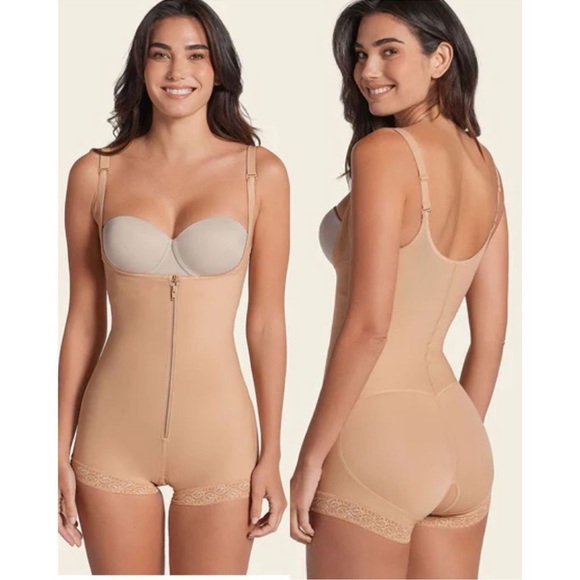 🆕Leonisa Power Slim Bodysuit Body Shaper Boy Short Beige Lace Zipper Braless - Picture 4 of 6